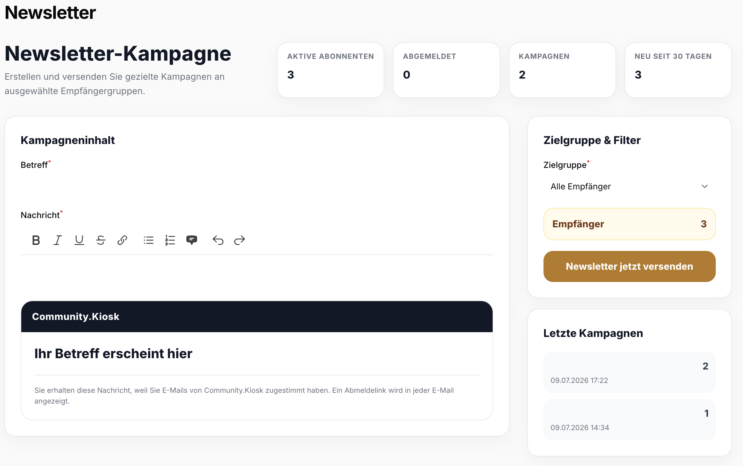 Community Kiosk Newsletter-Dashboard für Stammkunden